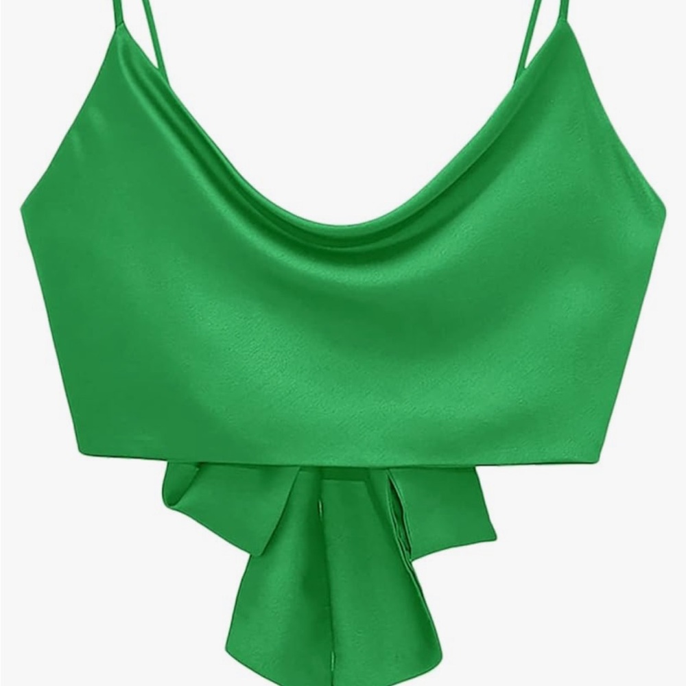 Women’s Green Satin Silk Cowl Neck Backless Crop Top, Medium